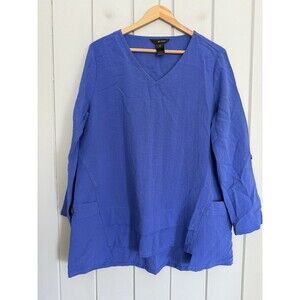Ali Miles Tunic Top M Medium Blue Artsy Lagenlook Pocket Shirt Blouse Woven